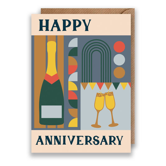 Hand drawn lettering reads 'Happy Anniversary'. Illustrated greeting card with Bauhaus style design printed onto premium matt card with a ribbed brown envelope.