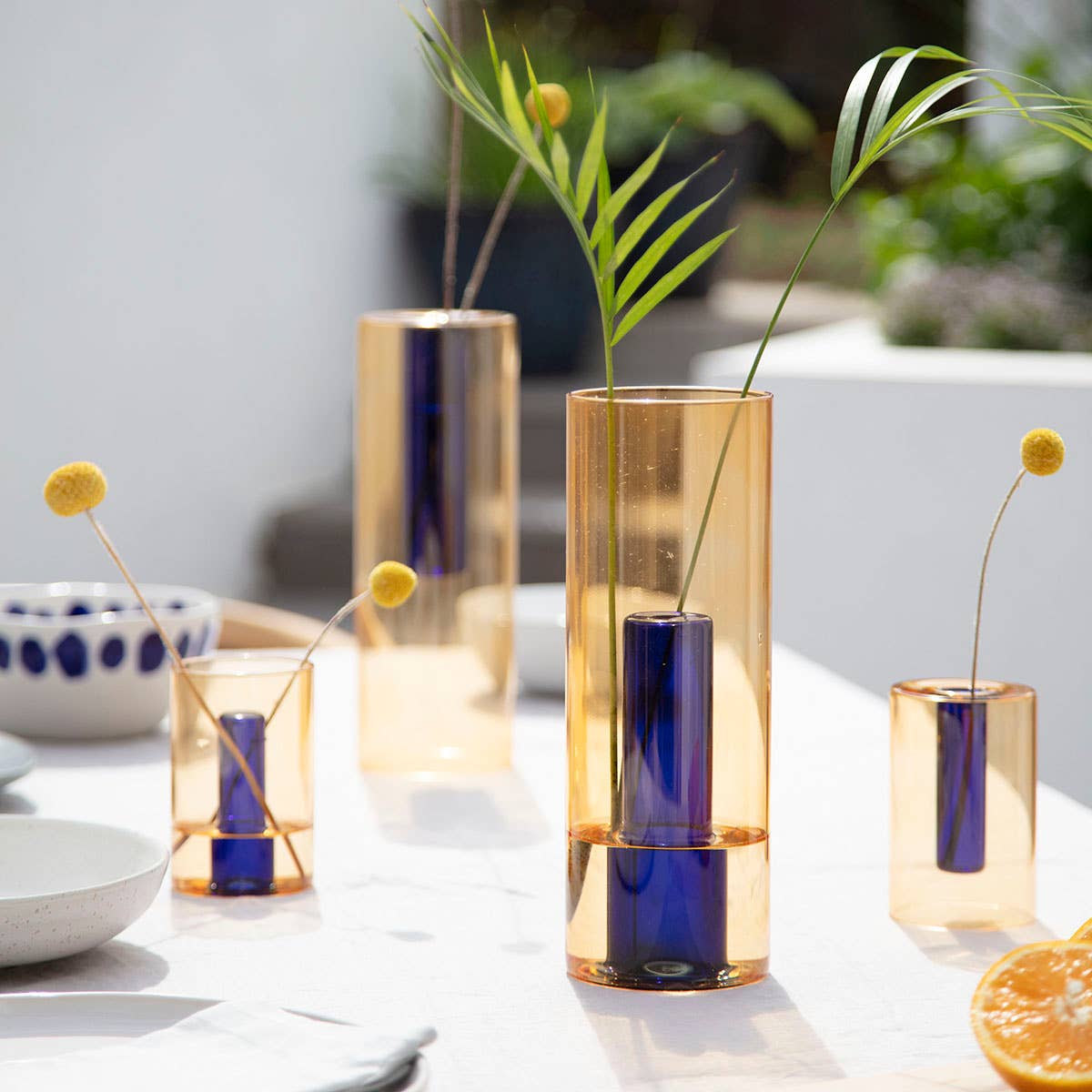 Set of glass vases with plants on a table outdoors