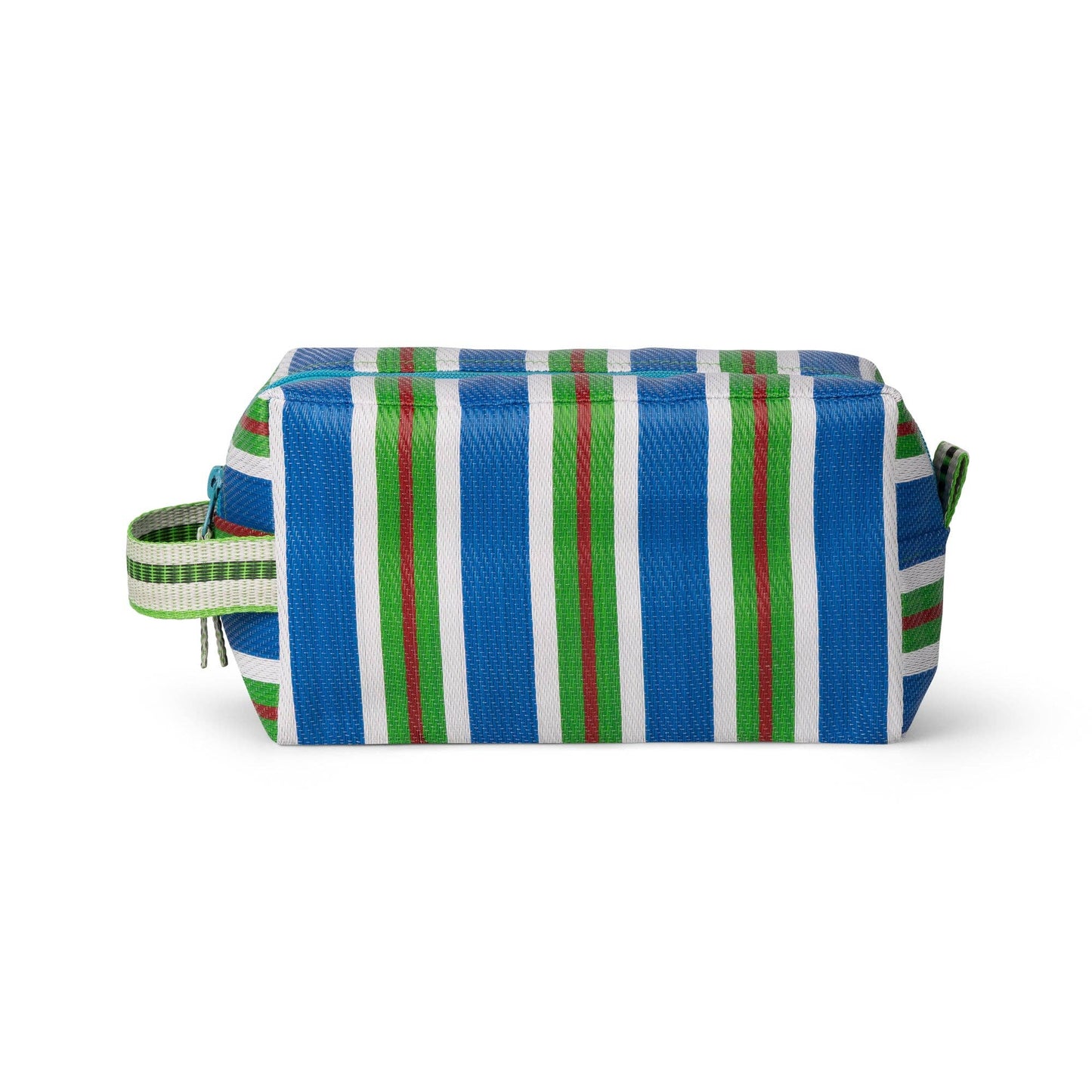 Eco-friendly blue and green woven wash bag close up