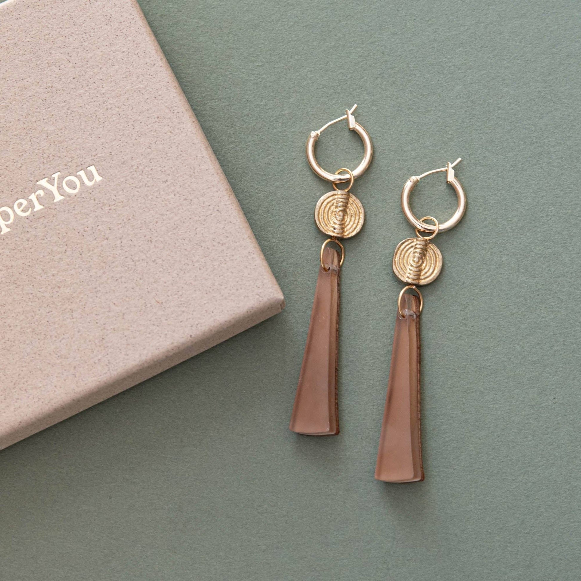 Power Drop Hoop Earrings by Pepper You – Handmade statement earrings in wood, acrylic & recycled brass, colourful sustainable jewellery gift in eco box.