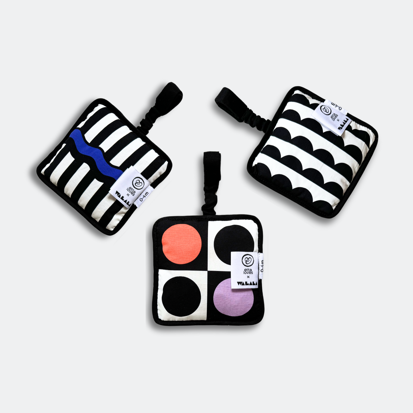 Etta Loves x Walala Sensory Hanging Squares showing velcro attachment and organic cotton texture