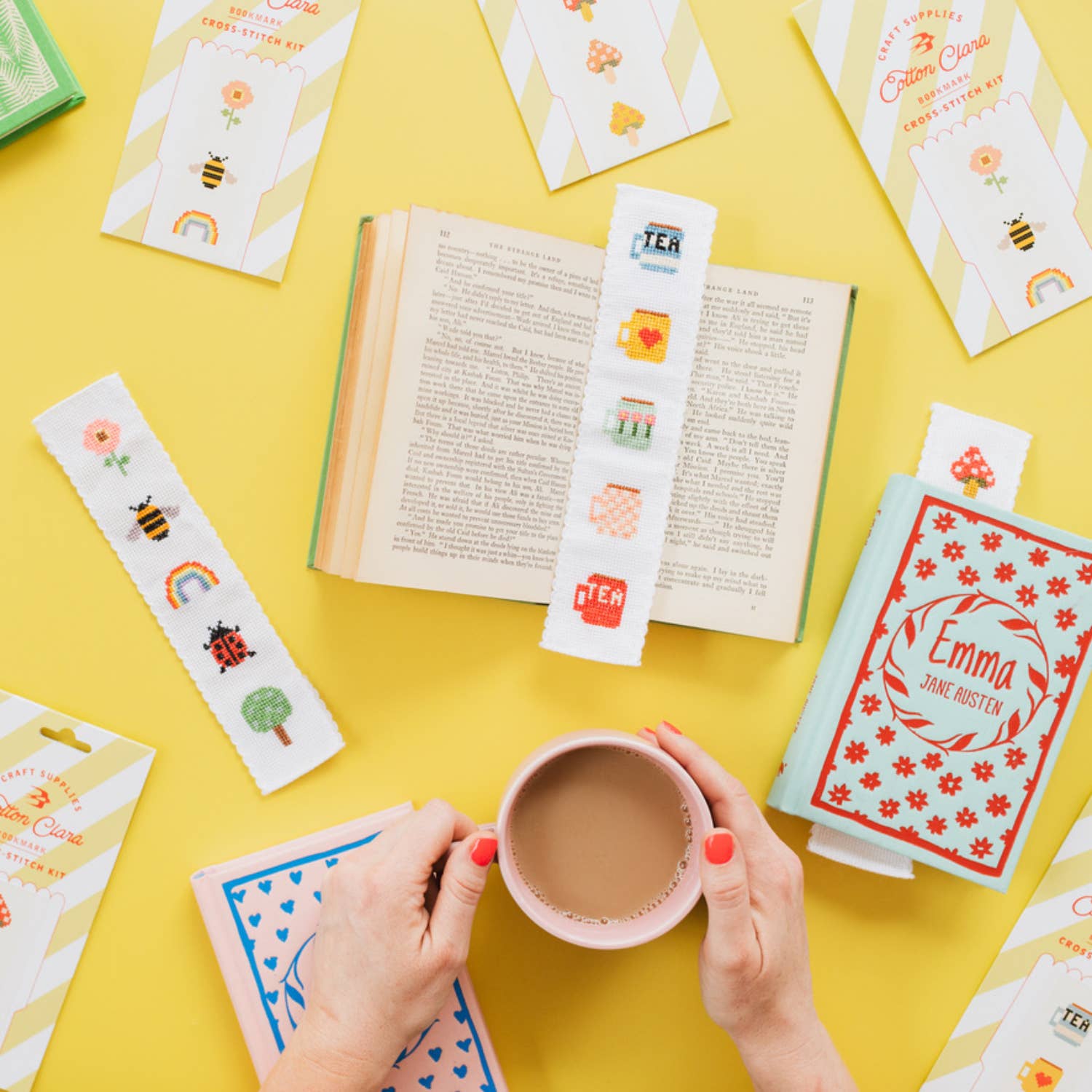 Detail of the tea mug cross stitch pattern on the Aida fabric