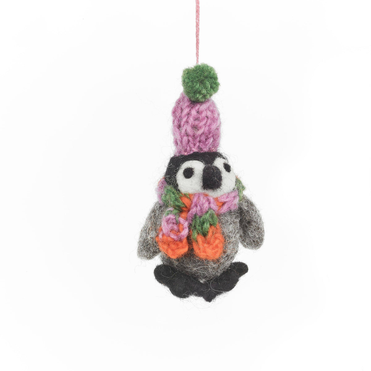 Felt penguin hanging Christmas ornament close up