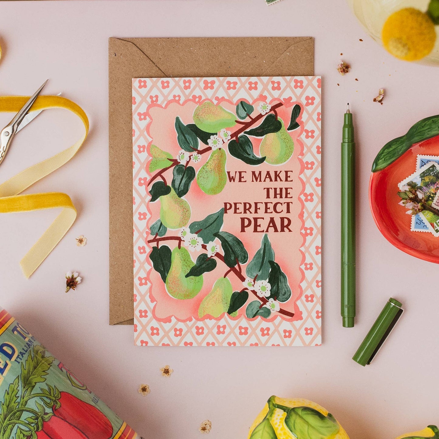 Eco-friendly 'Perfect Pear' greeting card with plastic-free packaging details