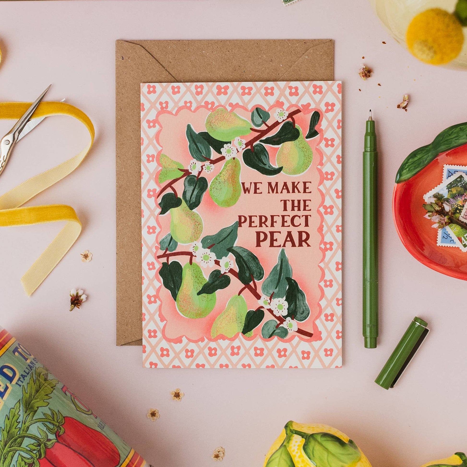 Eco-friendly 'Perfect Pear' greeting card with plastic-free packaging details