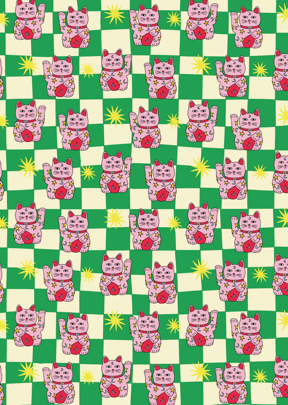 Pattern of pink cat figurines on a green and beige checkered background
