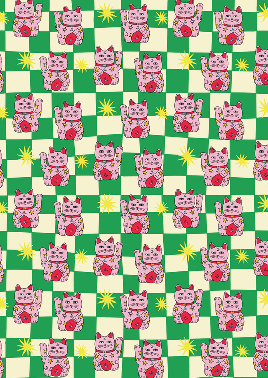 Close-up of the Waving Cat Wrapping Paper pattern, showing pink cats on a green and beige checkered design.