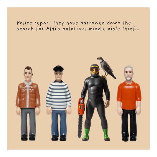 Aldi Thief greeting card by Not at all Jack featuring quirky AI-inspired character and humour text.