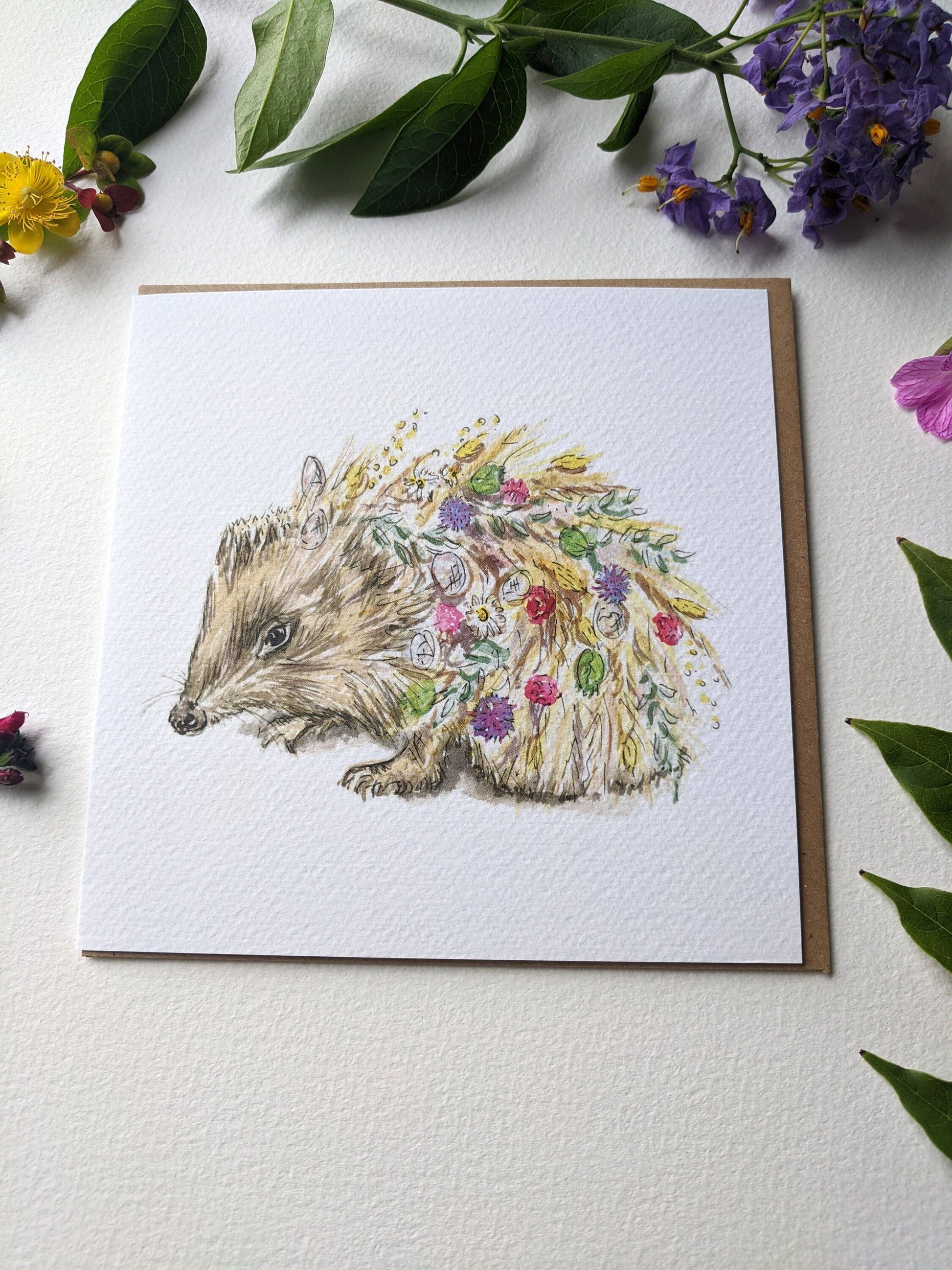 Inside view of the blank hedgehog floral card