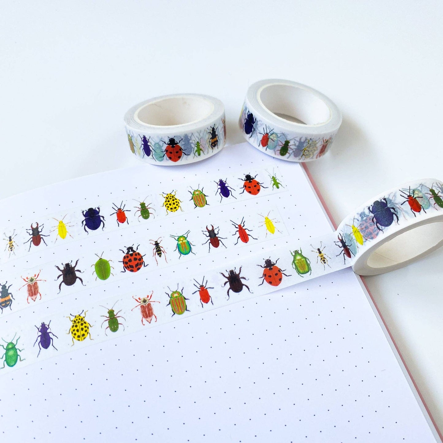 Sarah Frances British Beetles Washi Tape, 15mm x 10m, watercolour insect illustrations, eco-friendly, recyclable, nature-inspired craft tape.