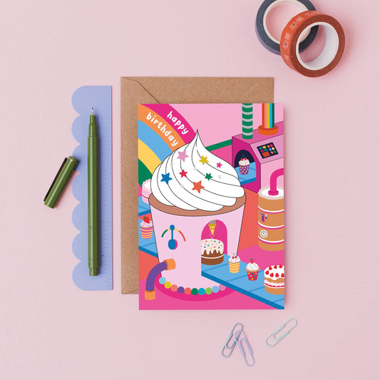 Sustainable 3D cupcake-themed birthday card with conveyor belts and silver foil, made in the UK