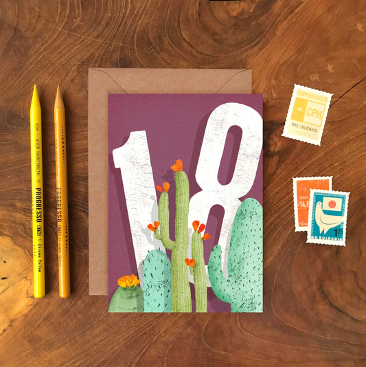 Emily Nash 'Cactus Eighteen' A6 18th birthday card, vibrant cactus design on sustainably sourced matte card with recycled kraft envelope.