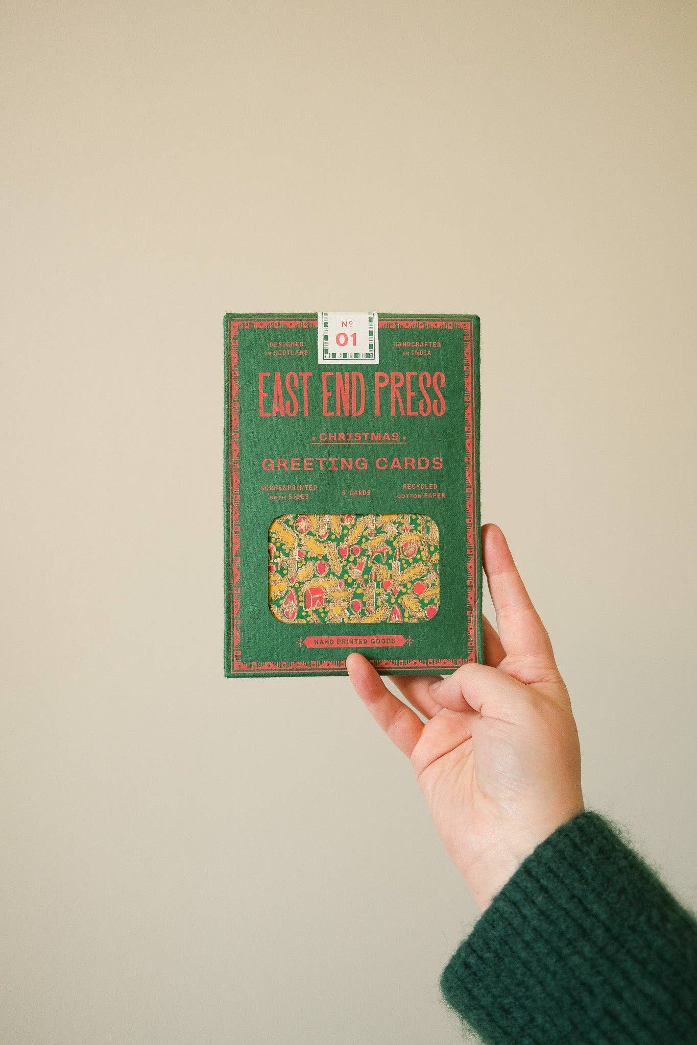 Sustainable Christmas card by East End Press, hand-printed jolly pudding design on recycled paper.