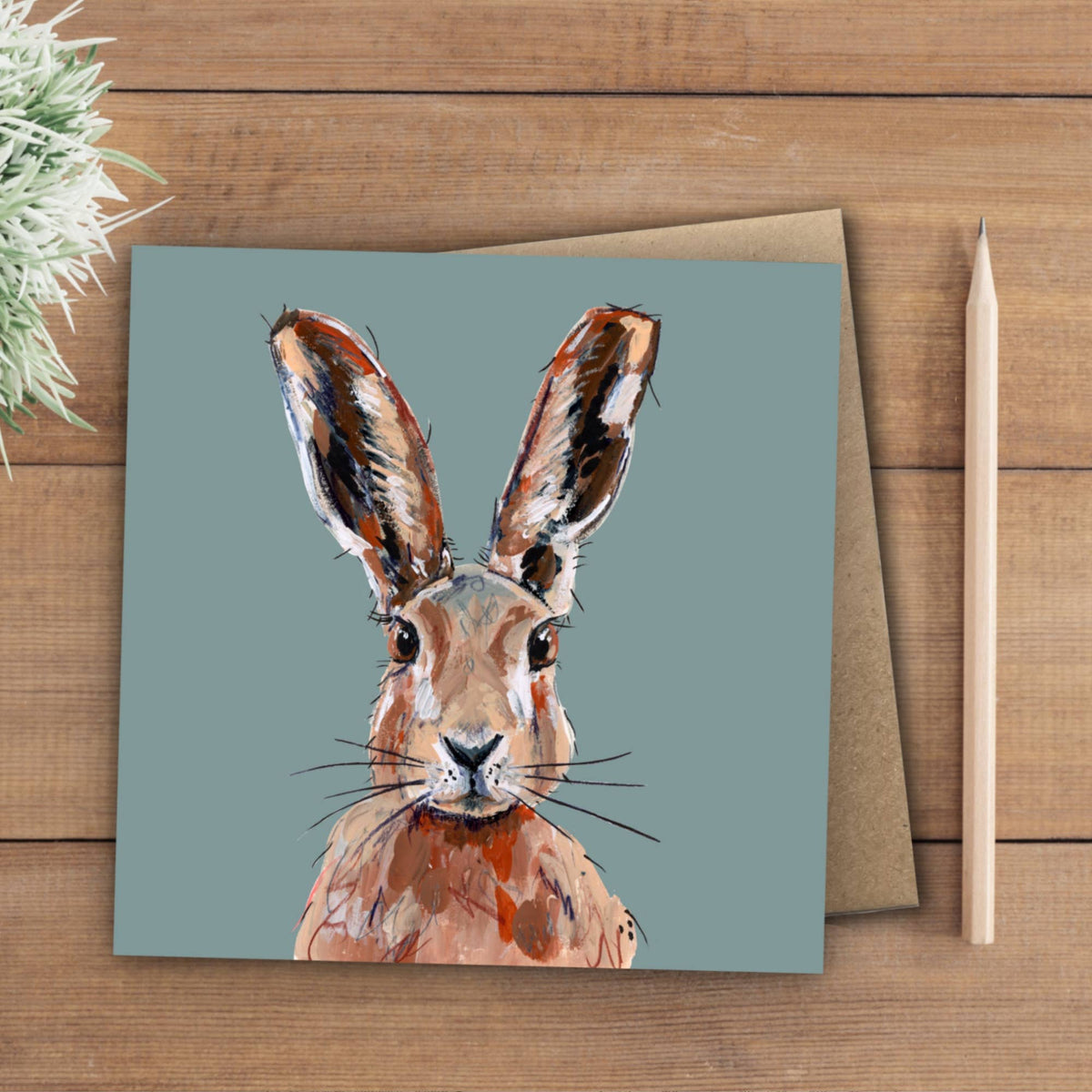 Close up of Mousse the Hare illustration on recycled card