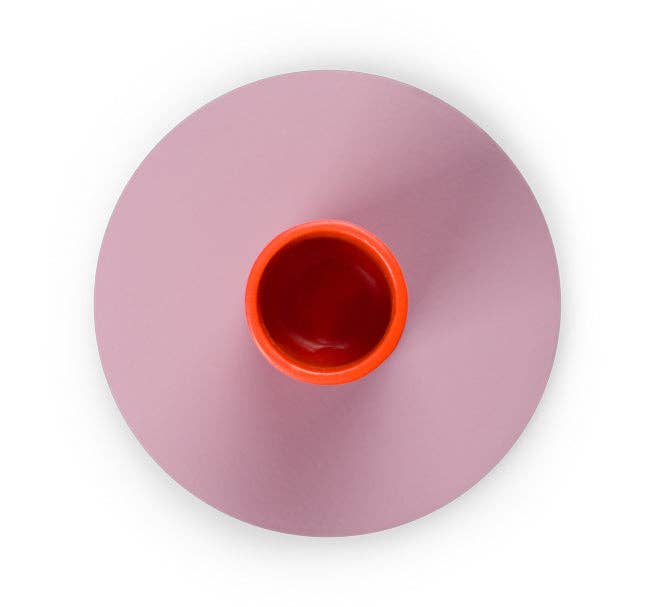 Small two-tone metal candleholder by British Colour Standard, painted mild steel with a glossy finish, 8cm diameter x 4cm height, boxed in kraft packaging.