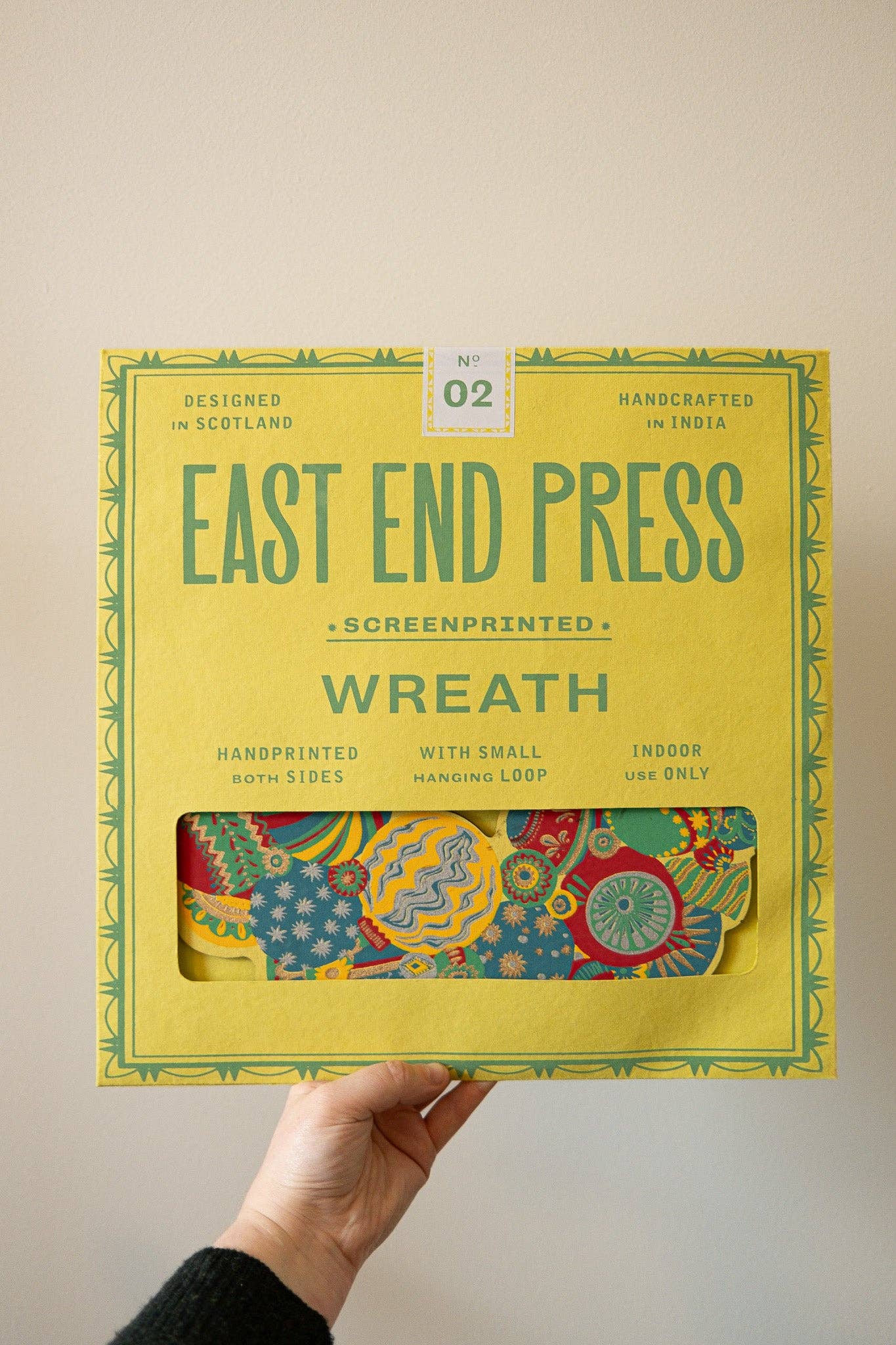 Hand-printed Colourful Bauble Cotton Board Wreath by East End Press with hanging loop, sustainable ornament
