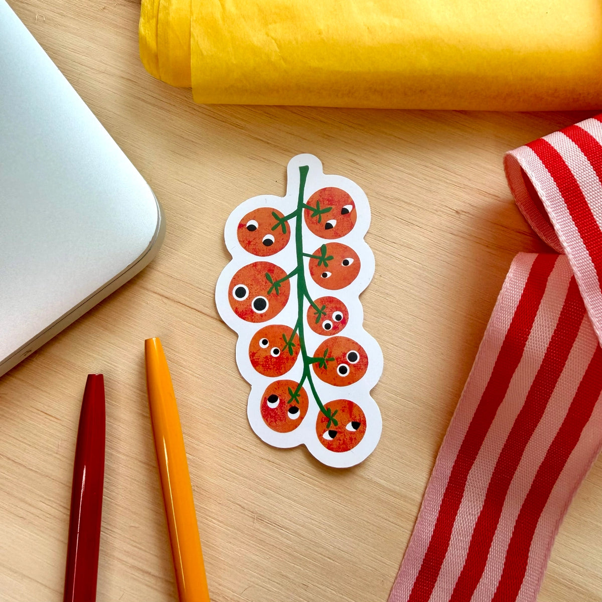 Cute illustrated cherry tomato vinyl sticker by Emily Nash