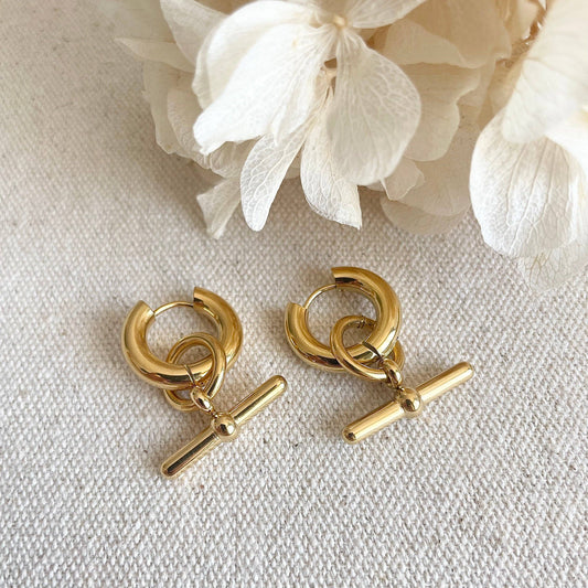 Close-up of 18k Gold Plated Bar Hoop Earring on white background