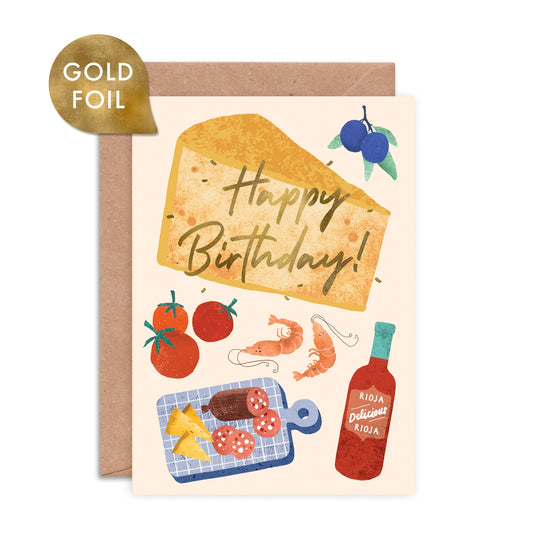Tapas themed birthday card with gold foiling by Emily Nash