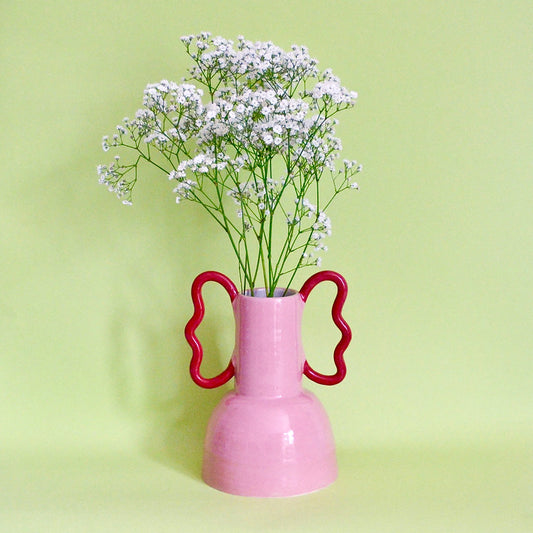 Pink Wiggle Handle Vase by Florence Mytum, Side View