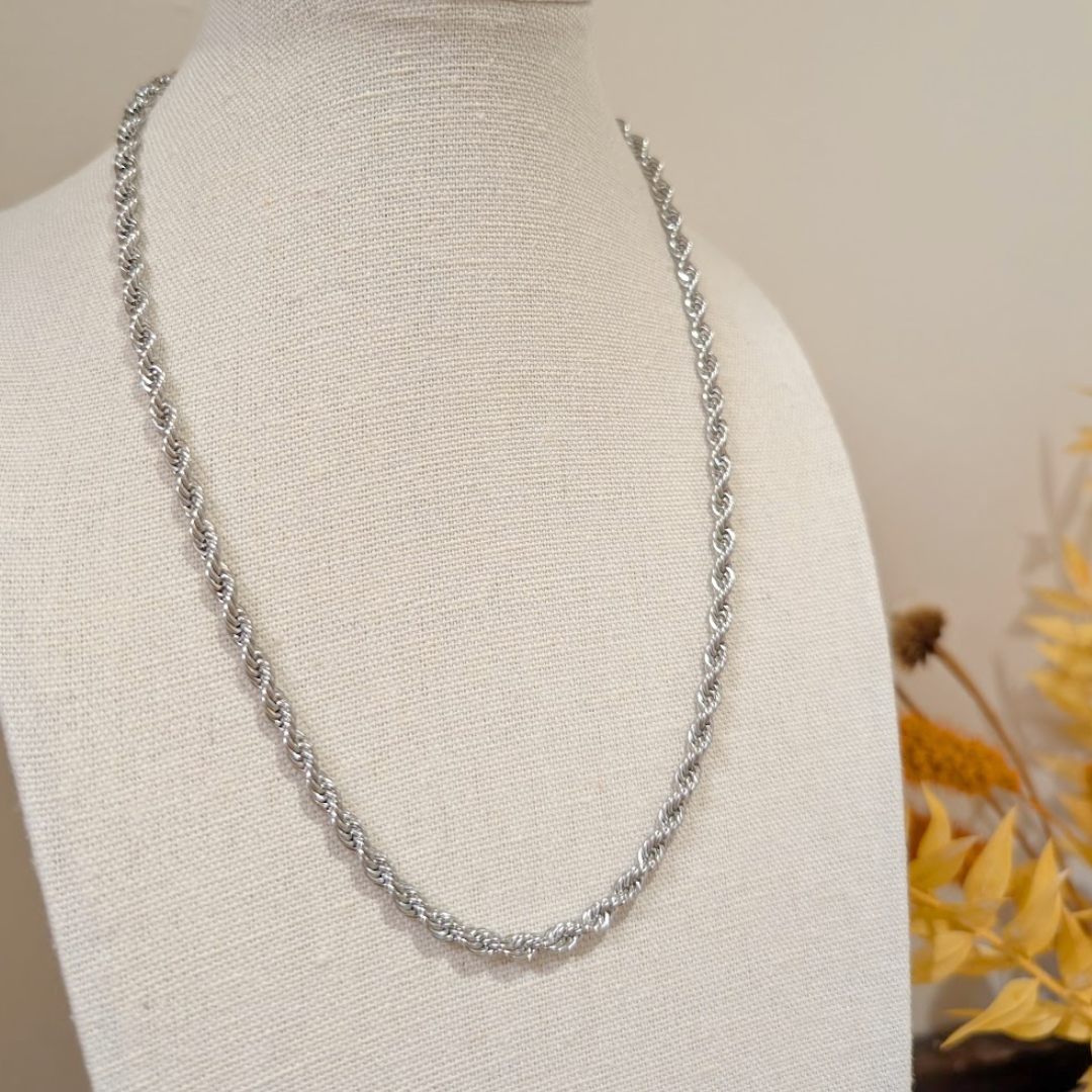 Silver rope chain necklace styled with other jewellery