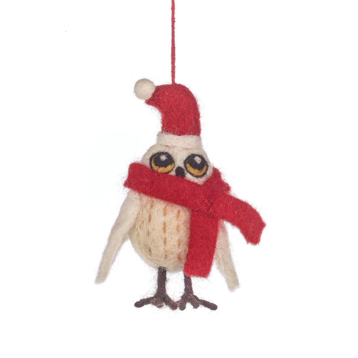 Close up of handcrafted felt snowy owl featuring hand-stitched detailing