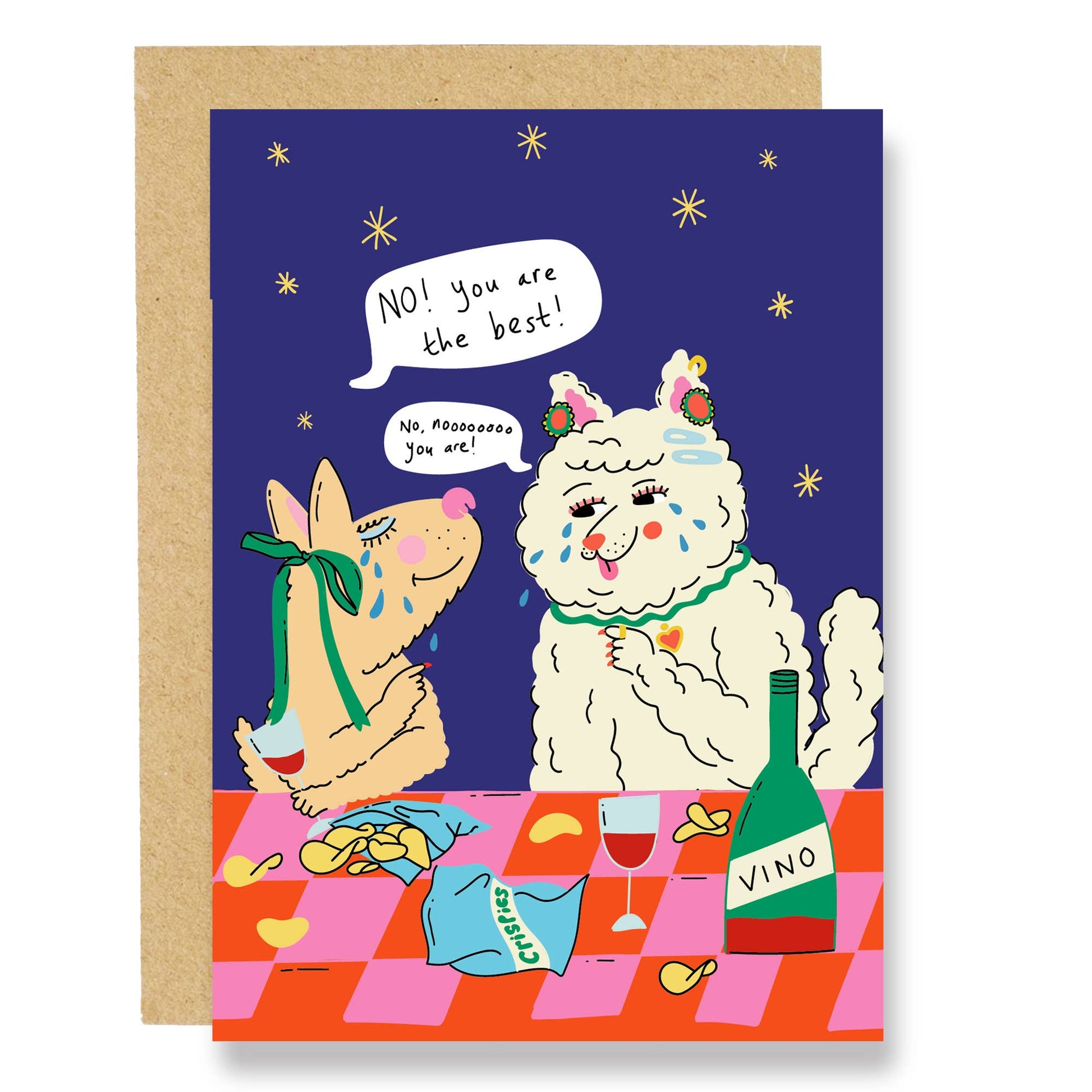 A card for the friend you drink wine and eat crisps with whilst crying and telling each other how great they are! Perfect for an anniversary or for that friend. Two dogs enjoying a vino and crisps, funny and colourful illustration.