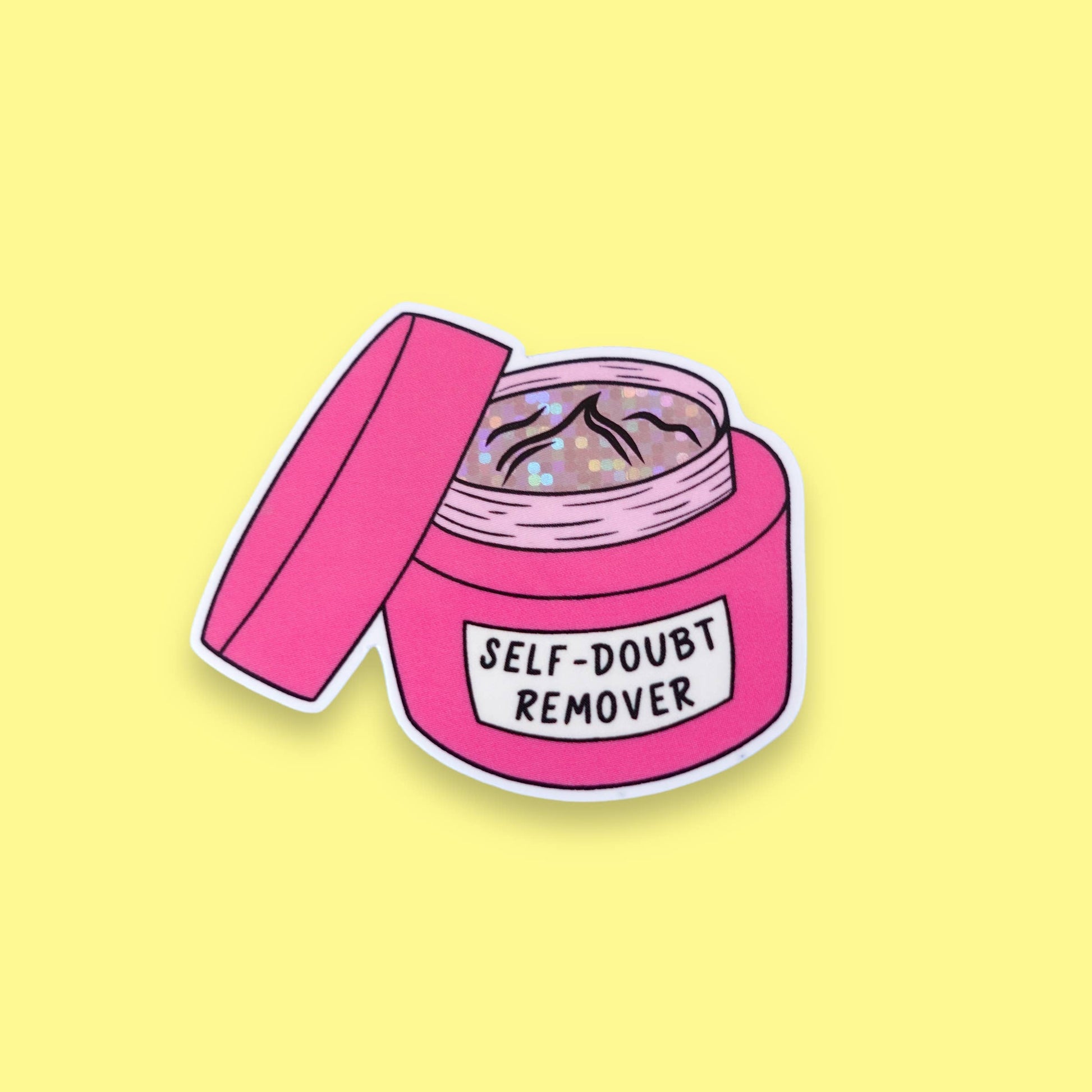 Sunshine Lane Self-Doubt Remover Glitter Sticker, close-up showing silver sparkle and durable vinyl texture