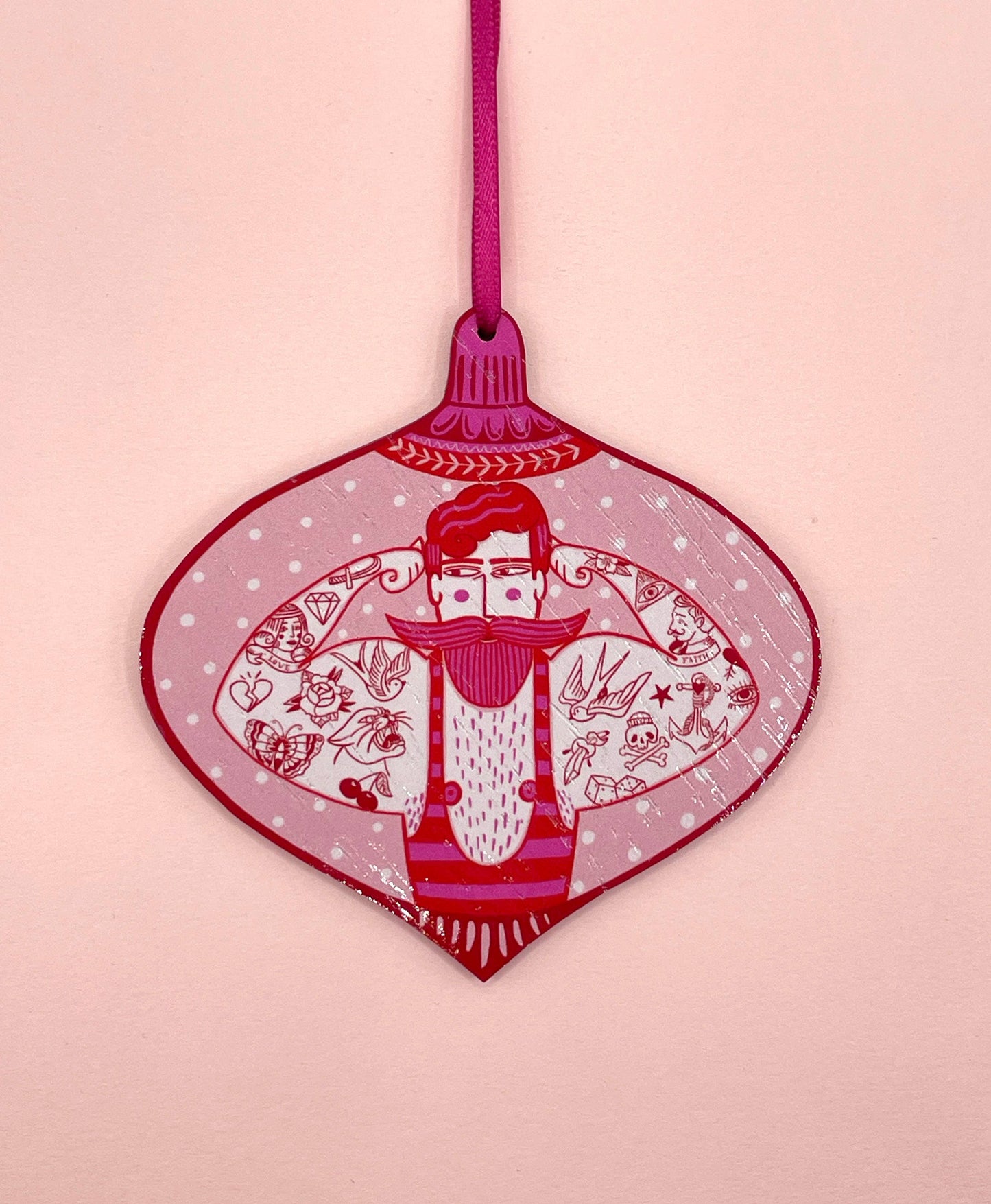Pink Strongman wooden decoration, sustainably sourced walnut wood, retro circus design, UK made