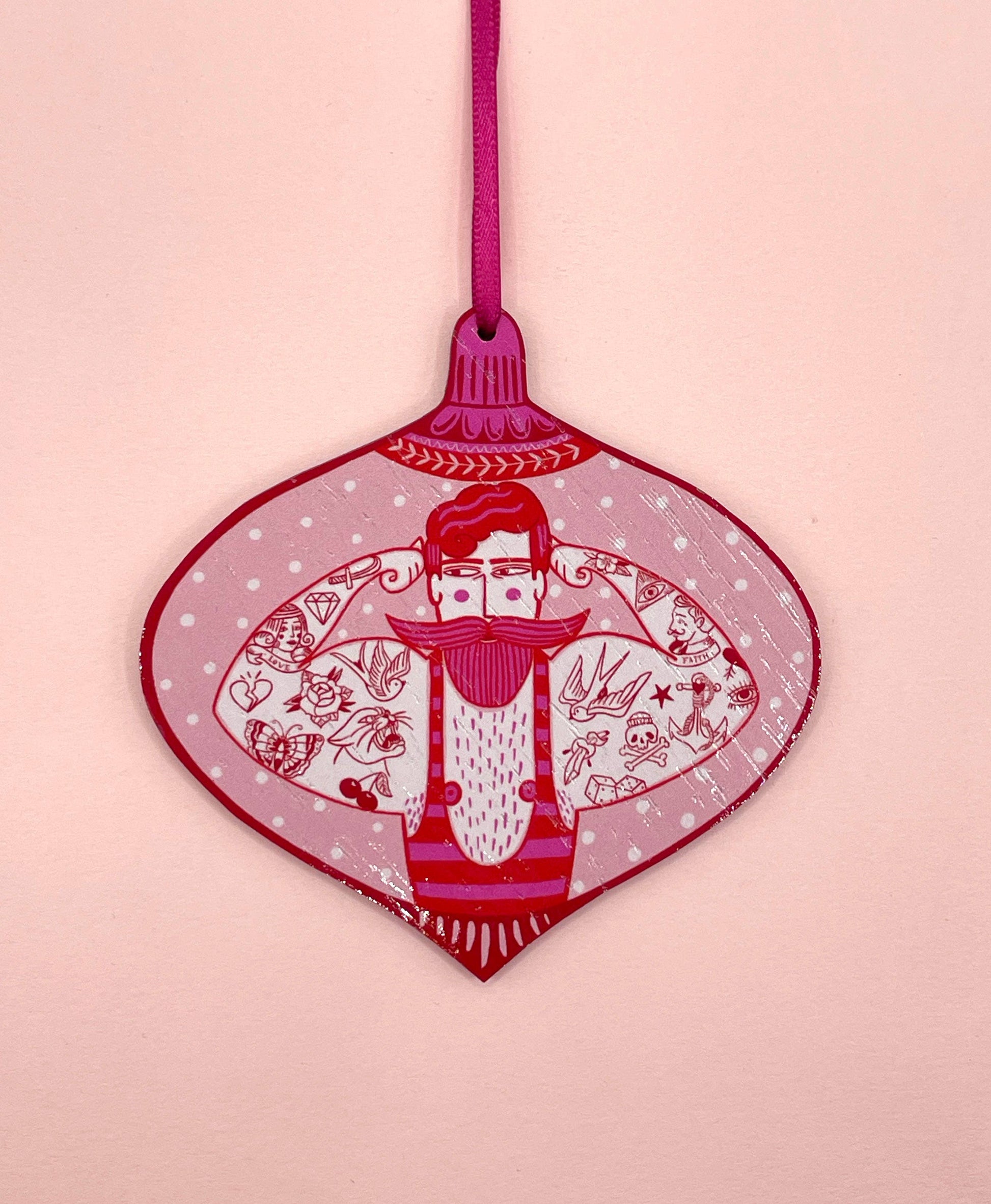Pink Strongman wooden decoration, sustainably sourced walnut wood, retro circus design, UK made