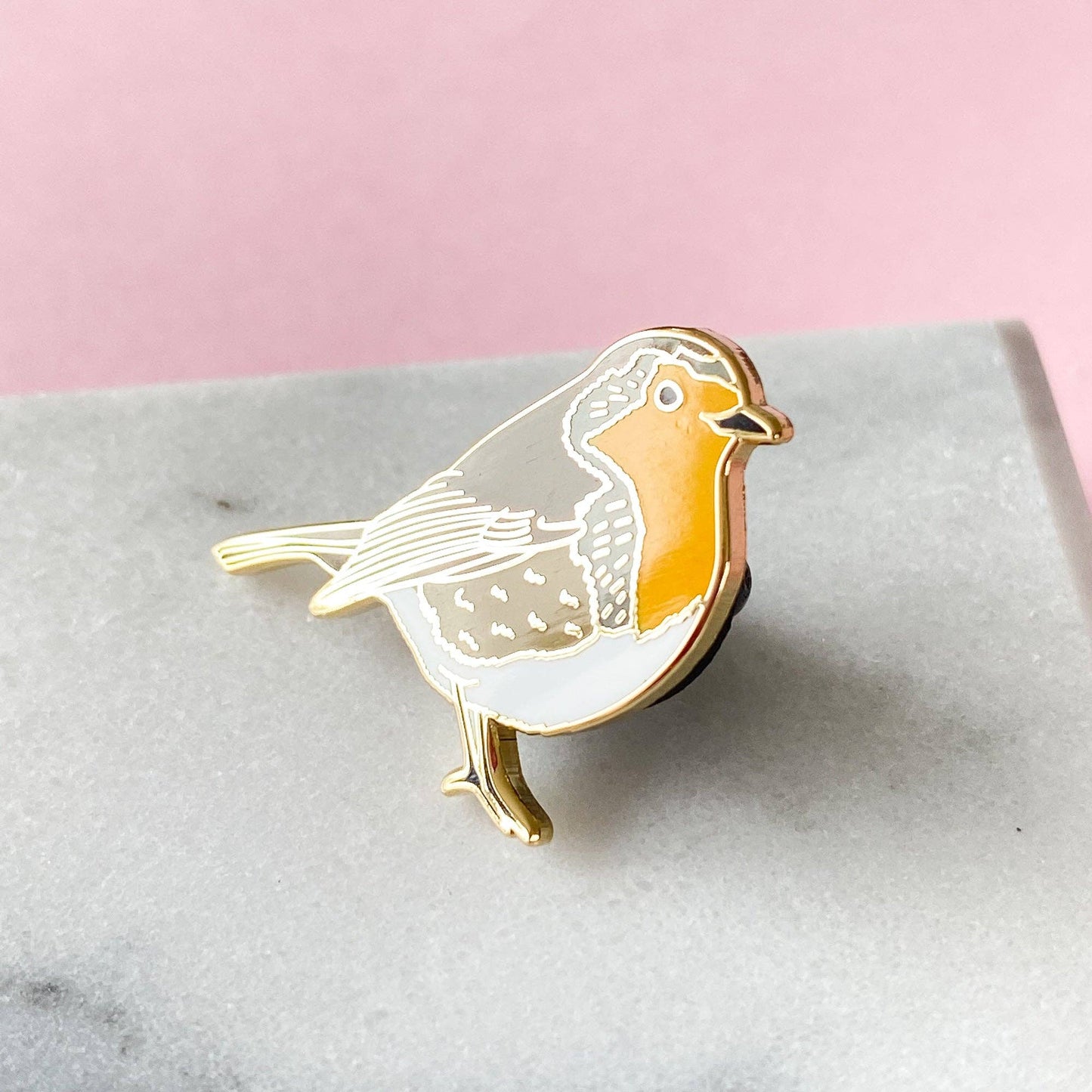 Robin enamel pin, gold metal and hard enamel, 1 inch wide, designed by Sarah Frances