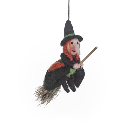 Handmade Felt Hermione the Witch Halloween hanging Decoration, with long ginger hair and broomstick.