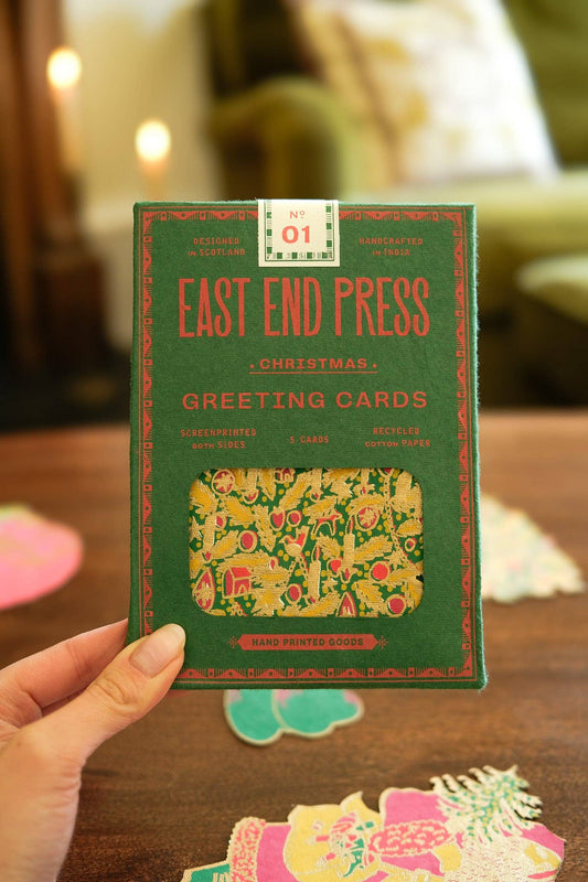 East End Press hand screen-printed Christmas card featuring a festive robin on recycled paper.