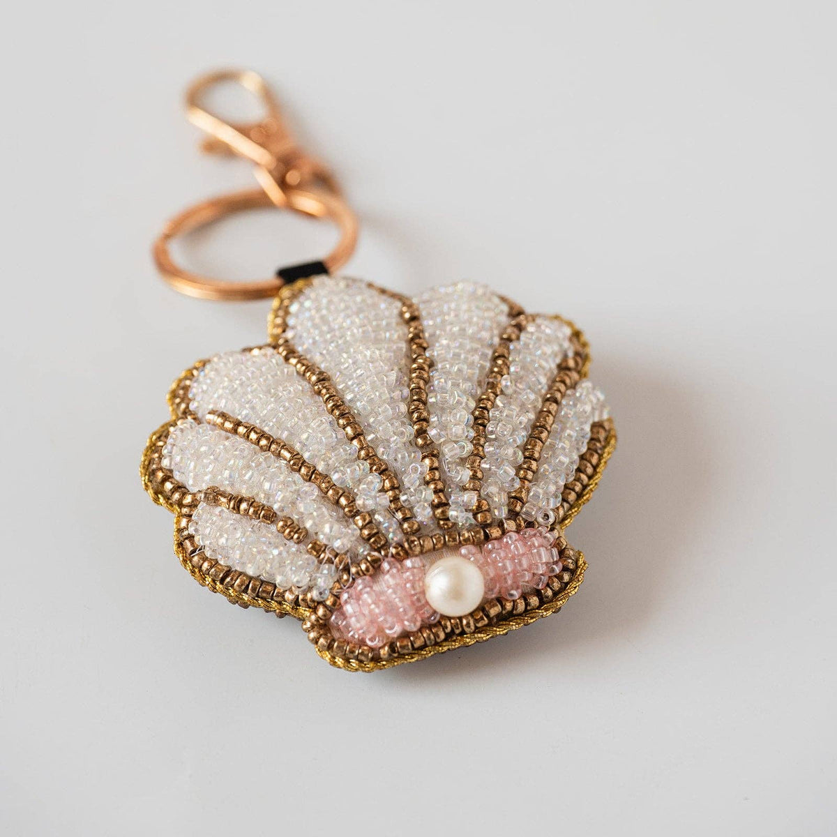 Hand-beaded pearl shell bag charm and keyring