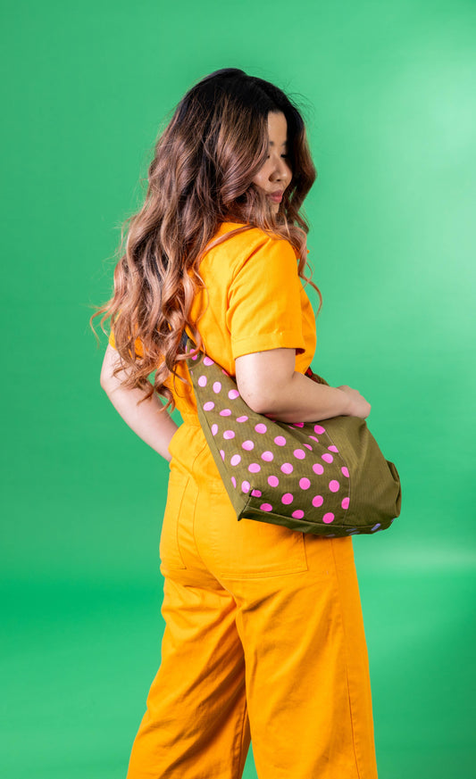 Polka dot slouchy shoulder bag in waterproof handprinted fabric