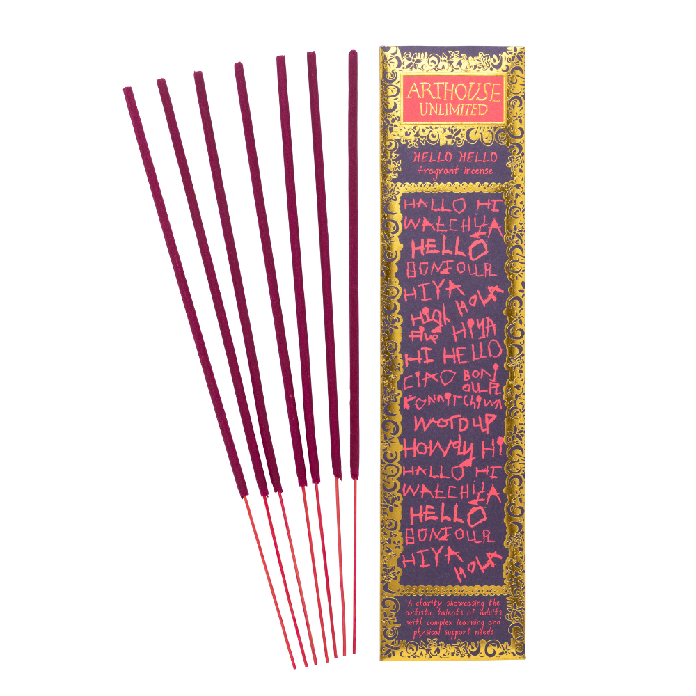 Hello Hello Cedarwood and Amber Incense Sticks packaging with Maria Travers artwork