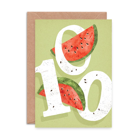 A6 100th birthday card featuring a colourful watermelon-themed illustration and ‘One Hundred’ caption by Emily Nash, printed on premium matte card with kraft envelope.