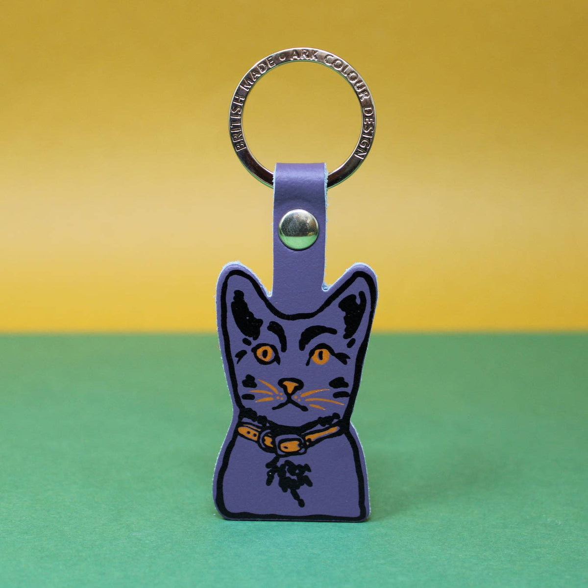 Hot foil embossed tabby cat leather keychain