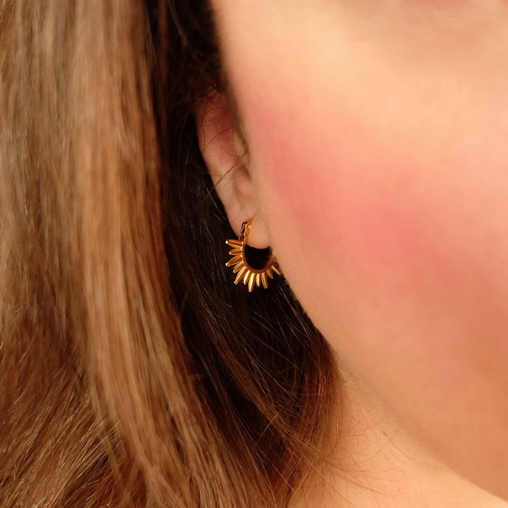 Gold Spike Sunrise Hoop Earrings showing lever fastening