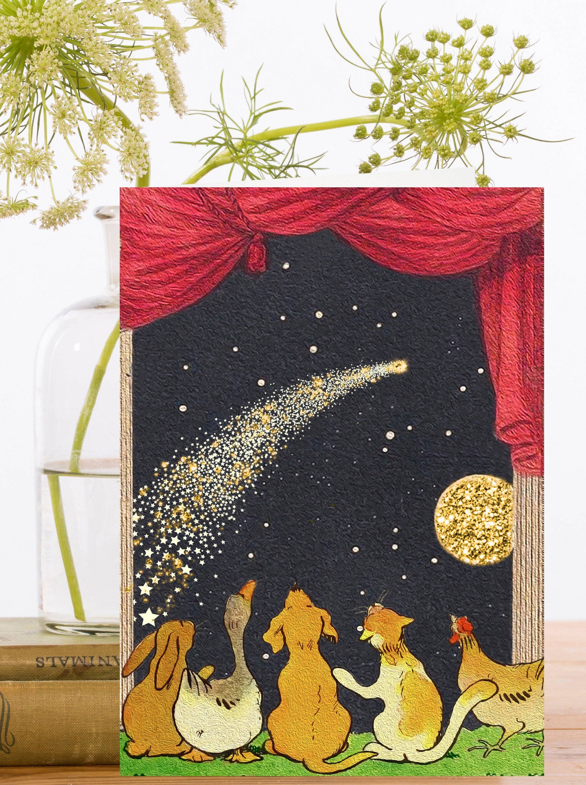 Hand Glittered Vintage Collage Greeting Card with Ivory Envelope