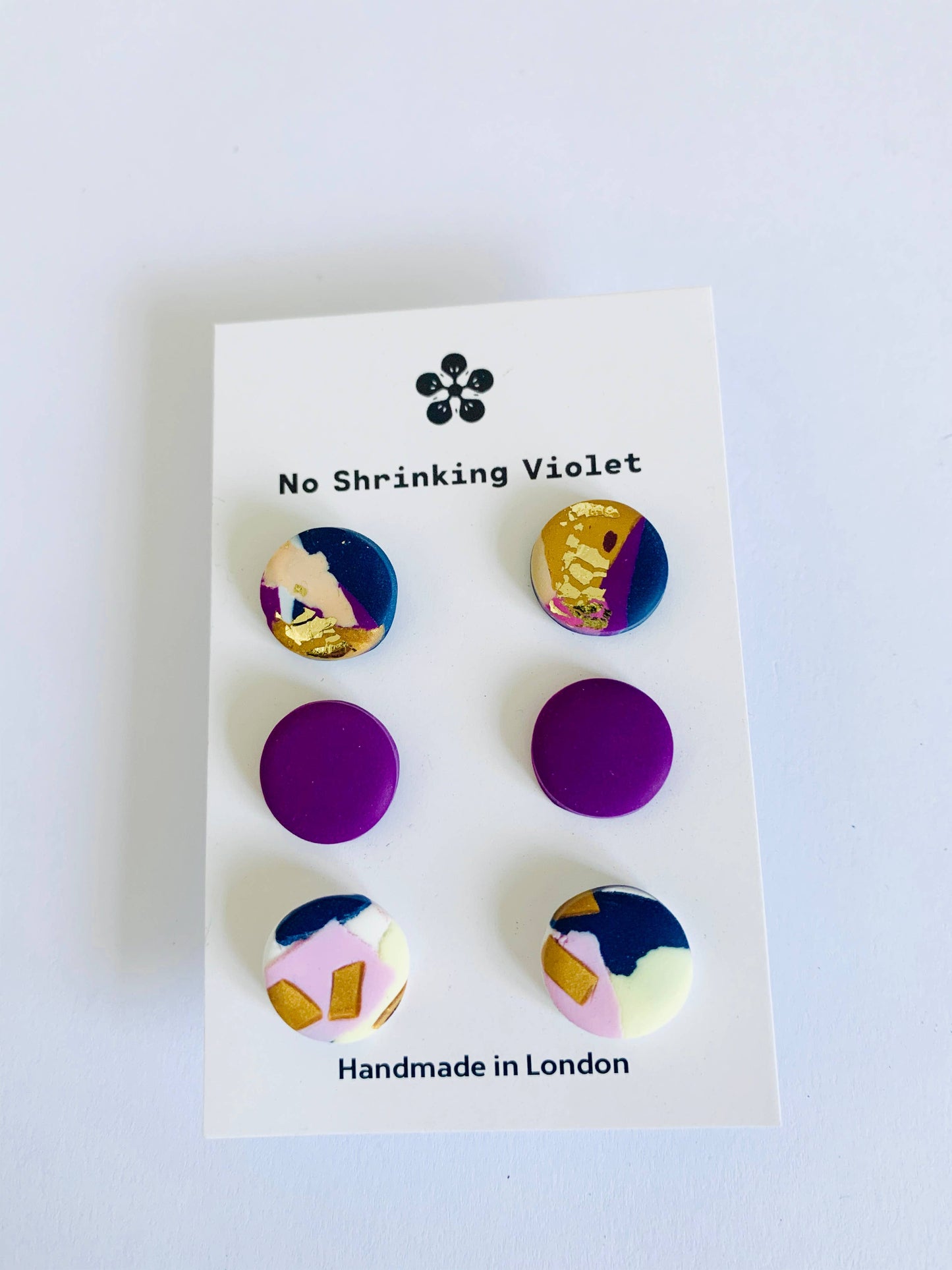 Handmade Winter Sunrise Stud Trio: colourful polymer clay earrings with silver-plated, nickel-free posts.