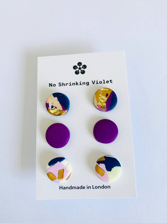 Handmade Winter Sunrise Stud Trio: colourful polymer clay earrings with silver-plated, nickel-free posts.