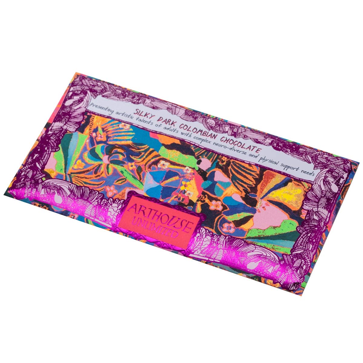Psychodelia silky dark Colombian chocolate bar with vibrant purple artwork by Laura Tregellas, wrapped in recyclable packaging.