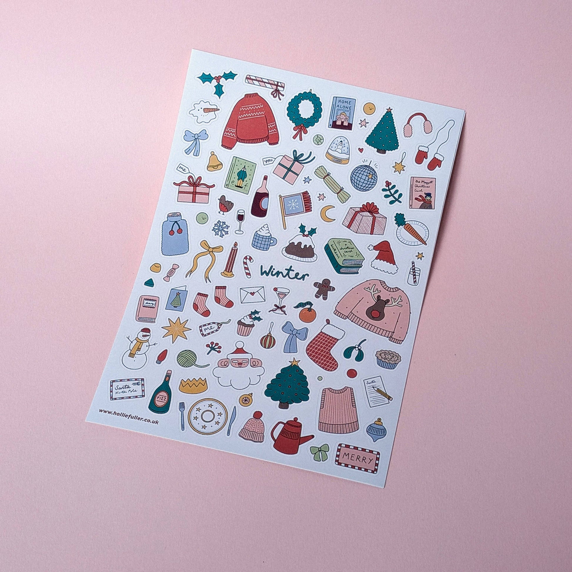 Winter Sticker Sheet by Holly Fuller – 60+ waterproof vinyl stickers on A5 sheet, UK designed seasonal art perfect for scrapbooking, journaling, and sustainable crafts.