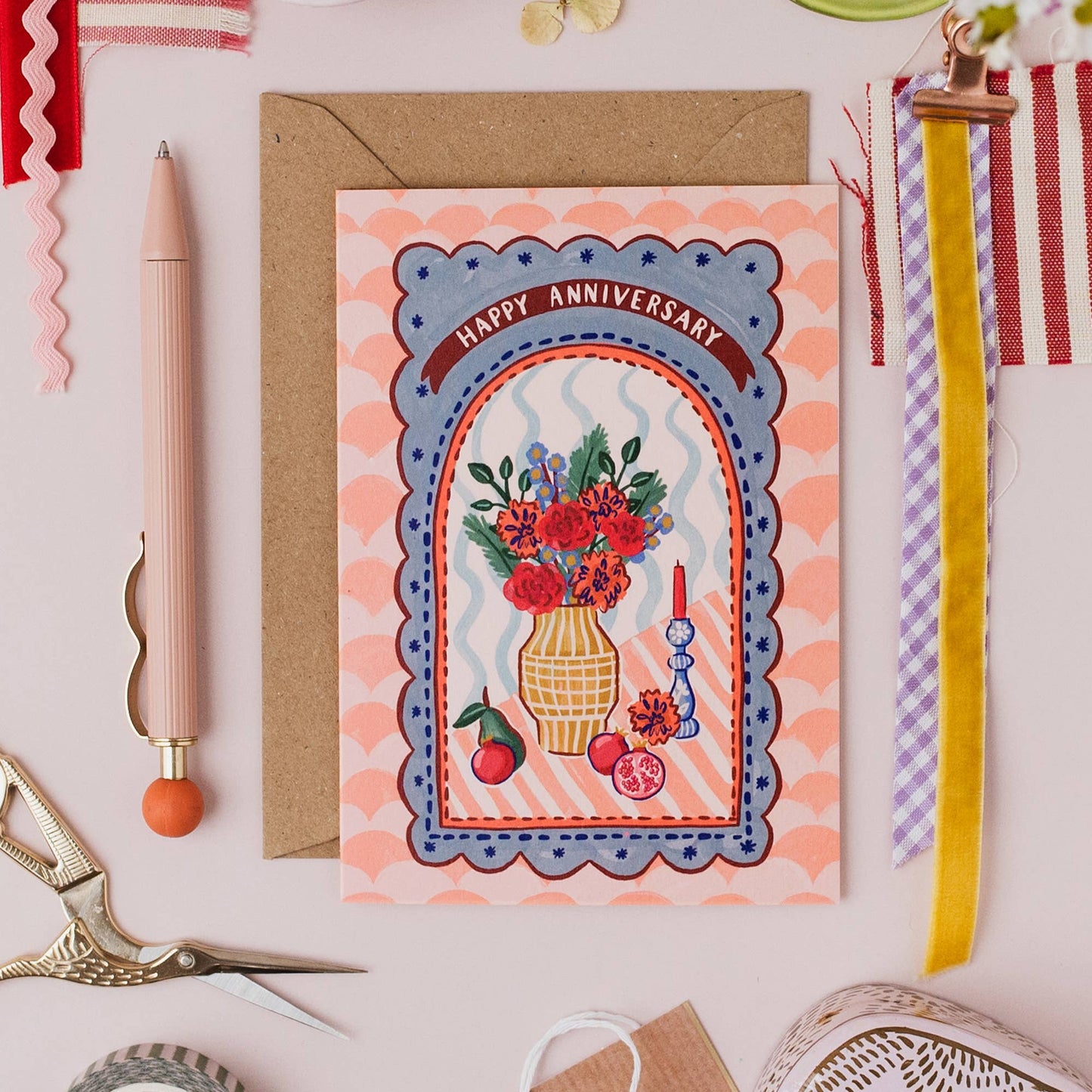 Maximalist Pomegranate & Flower Anniversary Card, showing 'Happy Anniversary' lettering