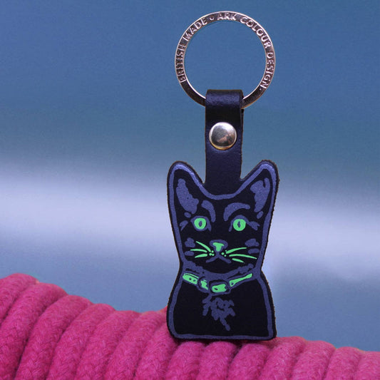 Close up of embossed tabby cat leather key ring details