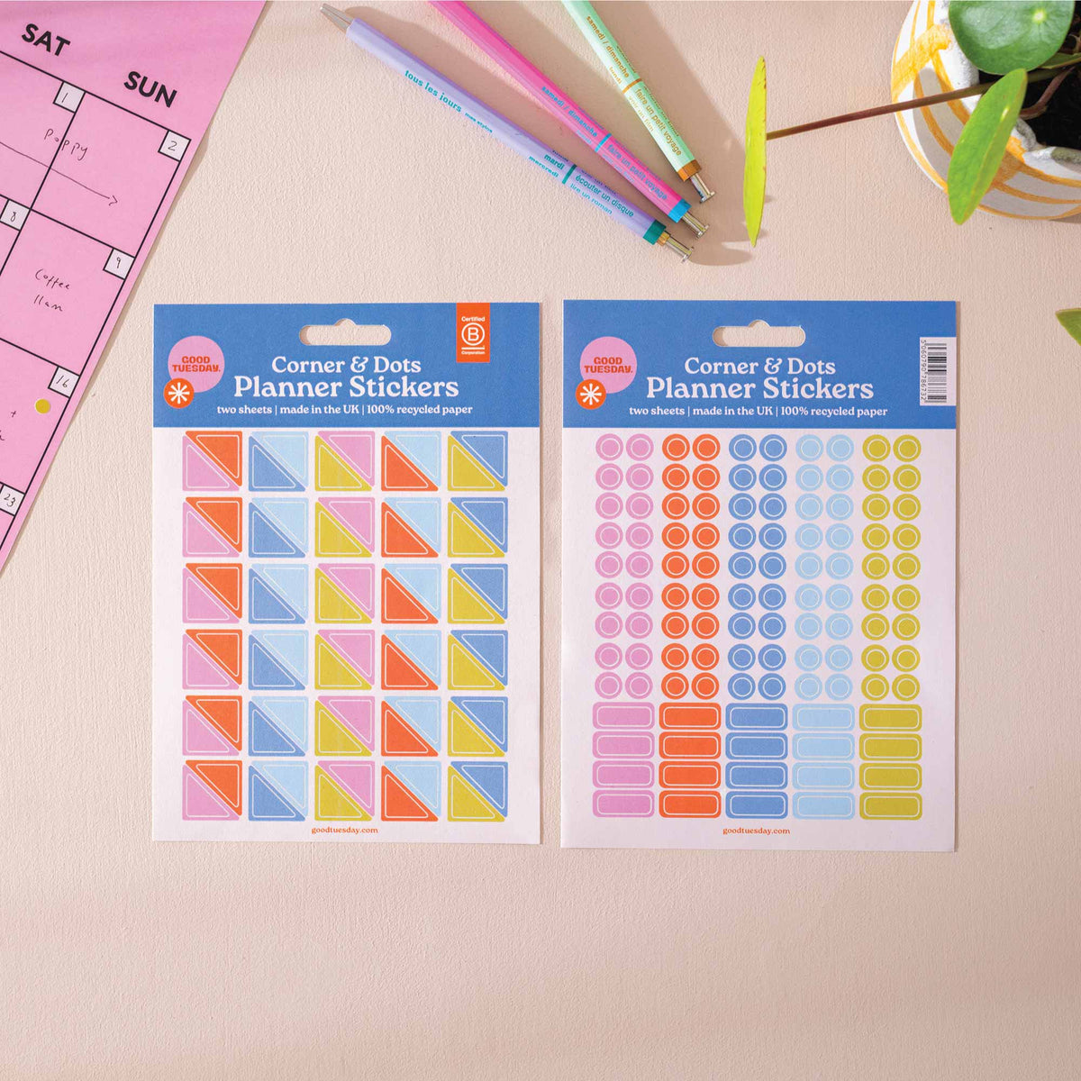 Corner and dot planner stickers on recycled paper