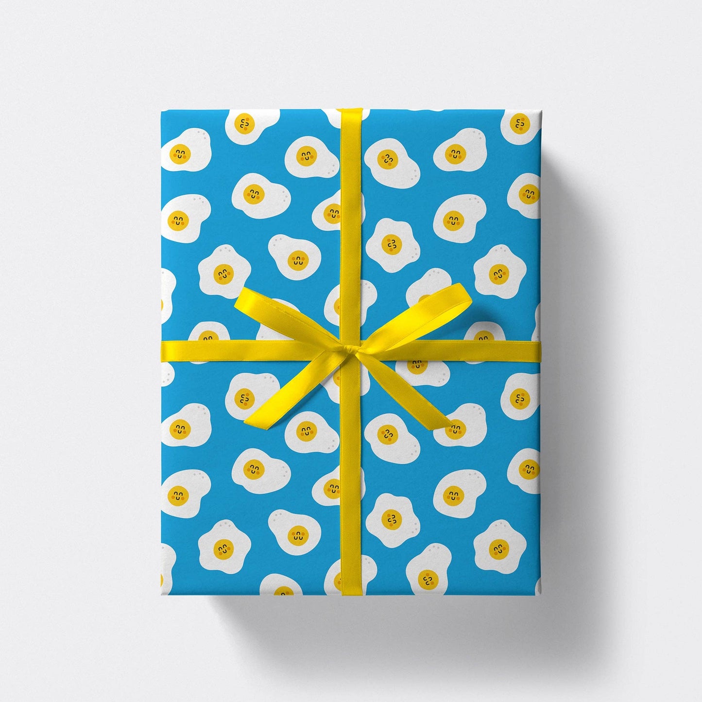 Gift wrapped in blue egg patterned paper with ribbon
