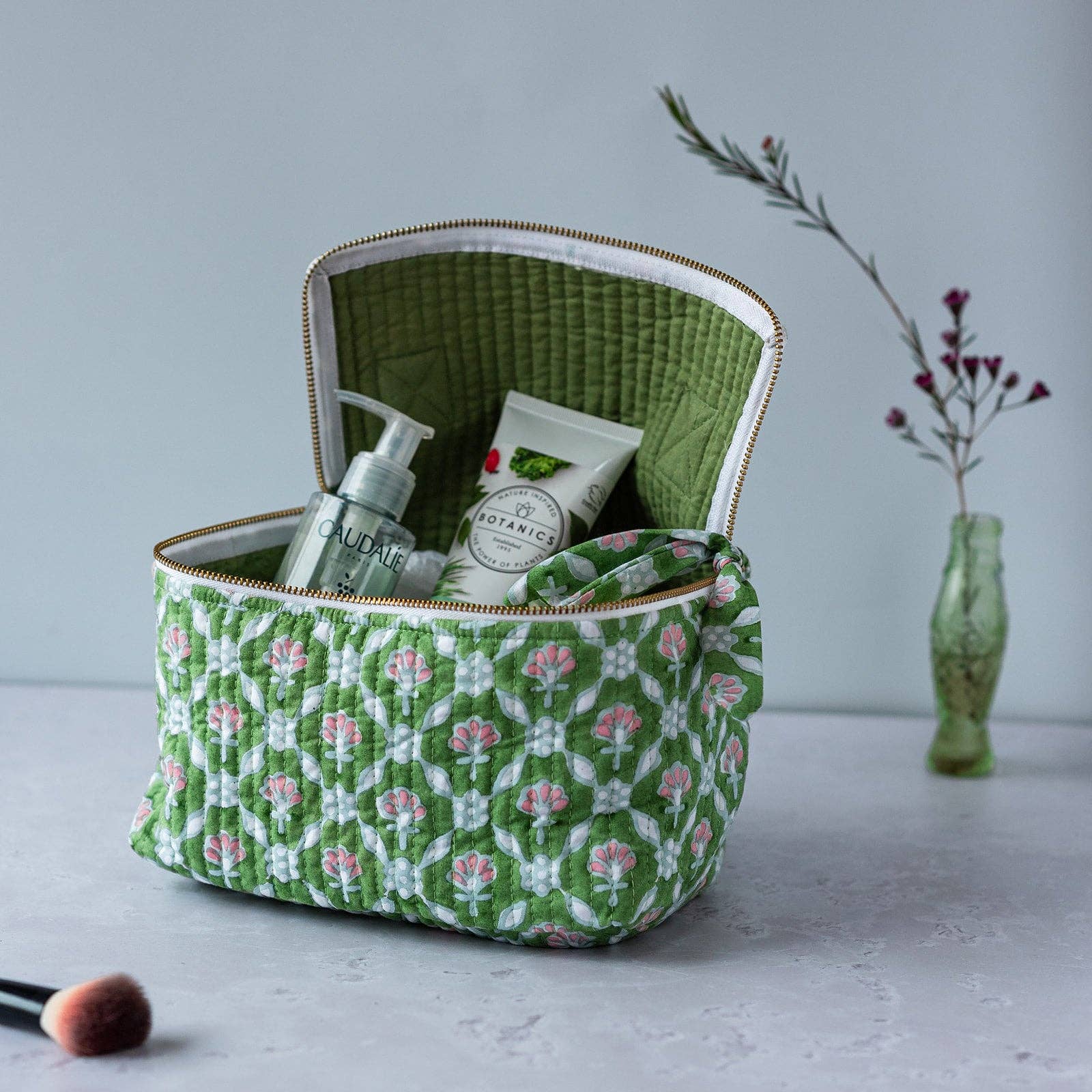 Petal hand-block printed floral cosmetic bag with zip and top handle