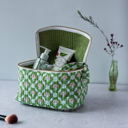 Petal hand-block printed floral cosmetic bag with zip and top handle